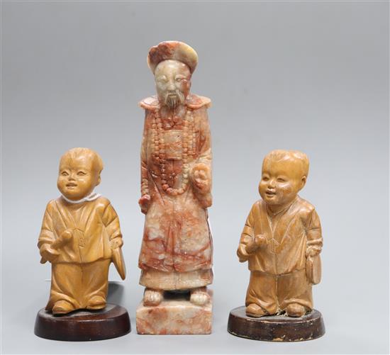 Two Chinese boxwood figures and a soapstone seal tallest 14cm